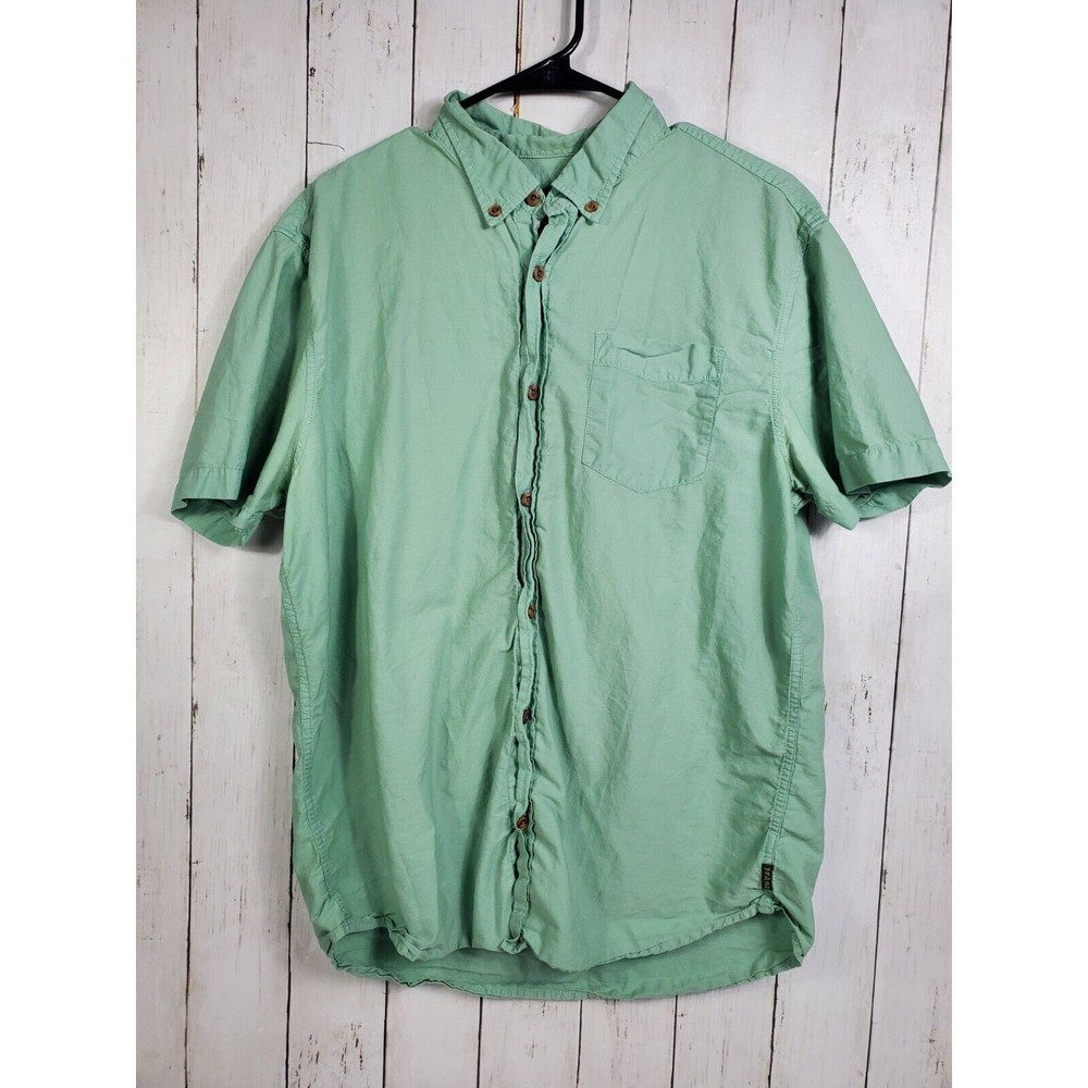 Prana Shirt Button Up Short Sleeve Mens L Large Teal Green Organic Cotton Pocket